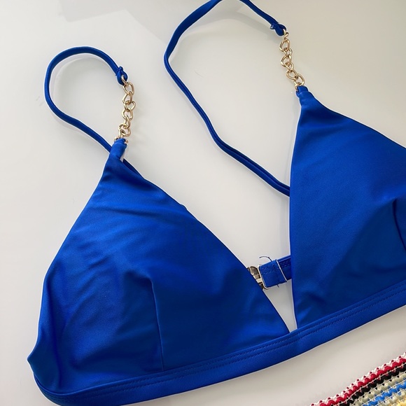 Royal Cobalt Blue Contrast Trim Triangle Bikini Chain Link Straps Size M - Picture 7 of 15